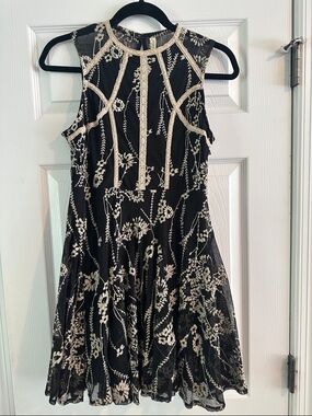Free People Black Mini Fit and Flare Dress with Tan Floral Embroidery Dark Fairy